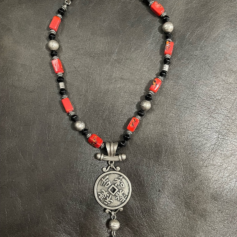 Chico's Red, Black, and Silver Beaded Necklace
